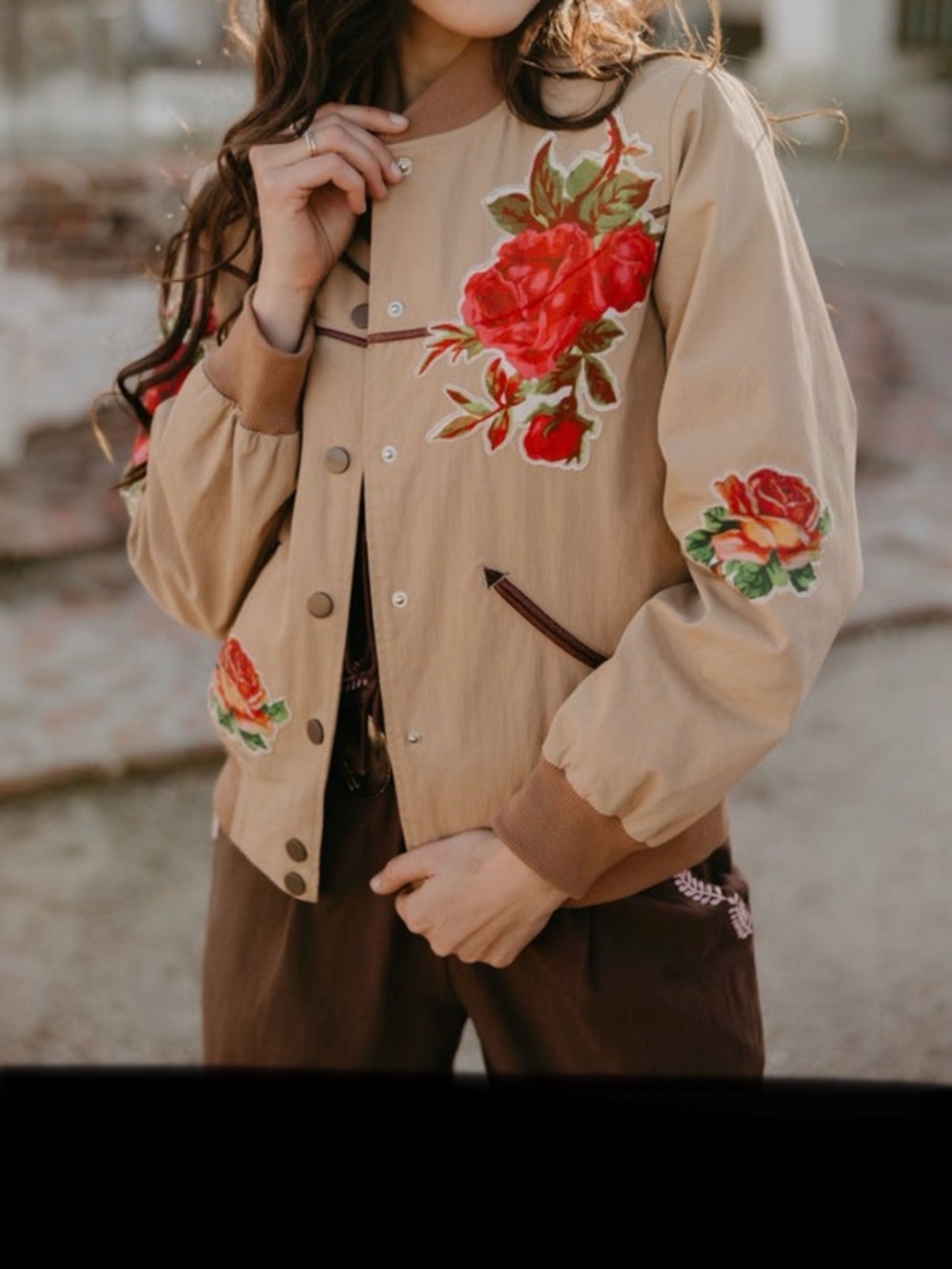 Embroidered Rose Varsity Jacket - Beige